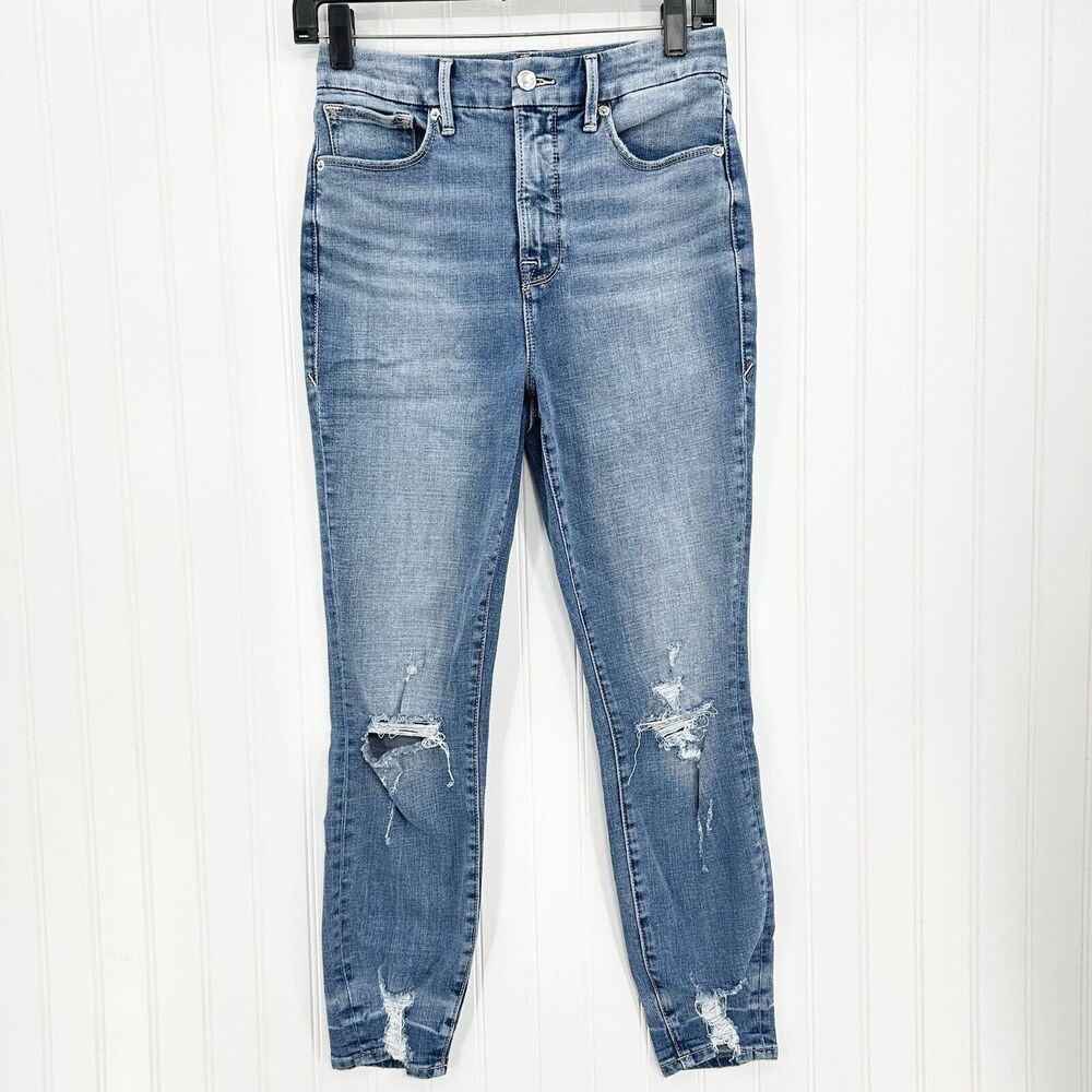 Good American Jeans Women 6 28 Good Waist Crop Skinny Ankle Blue Denim Distress